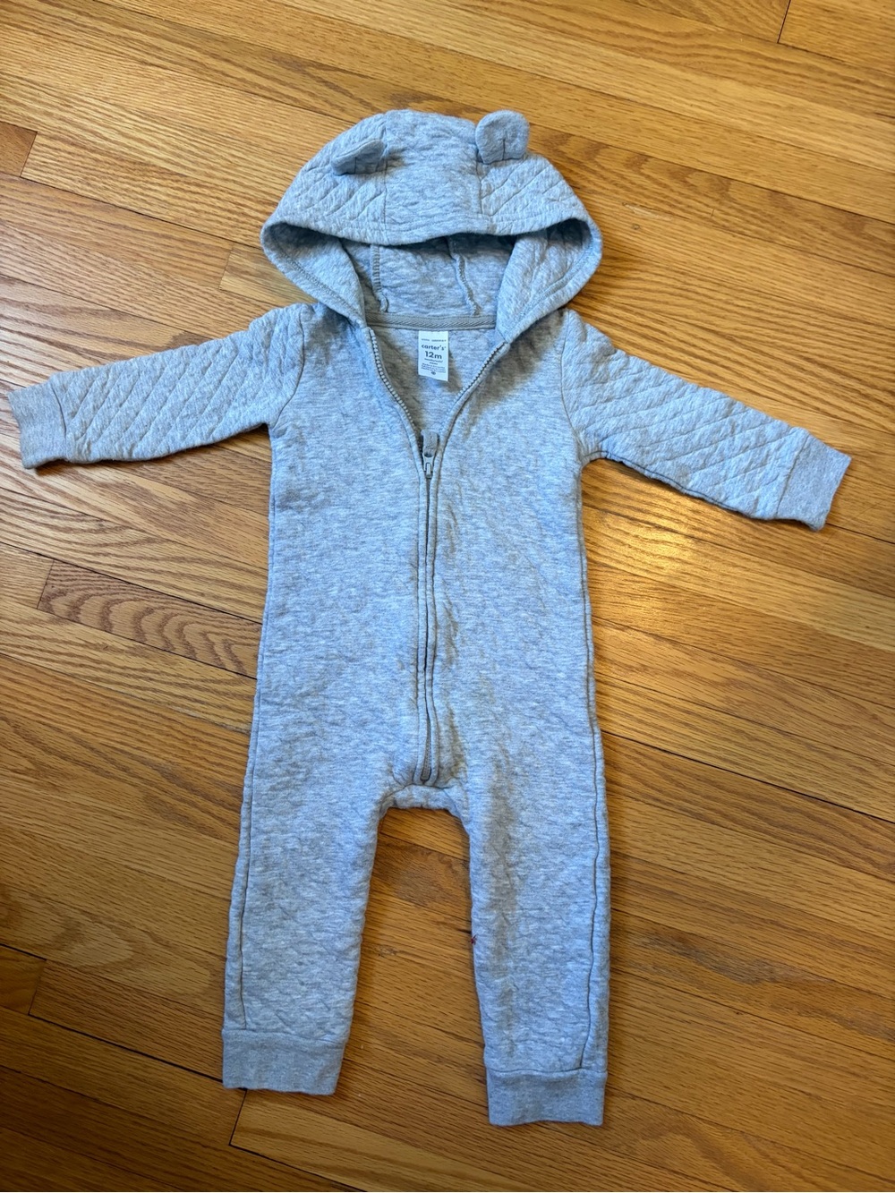 Carter’s Quilted Hooded One-Piece Romper - Light Gray - Bear Ears